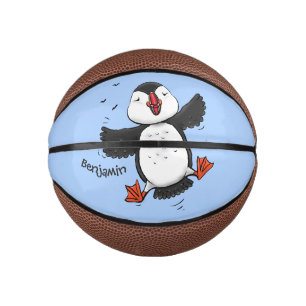 Cute happy flying puffin blue cartoon illustration mini basketball