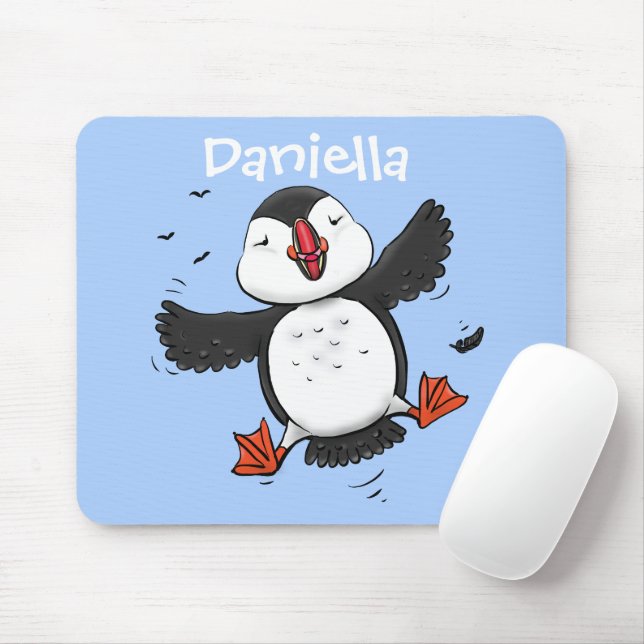 Cute happy flying puffin blue cartoon illustration mouse mat (With Mouse)