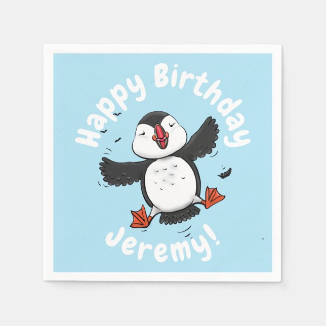 Cute happy flying puffin blue cartoon illustration napkin (Front)