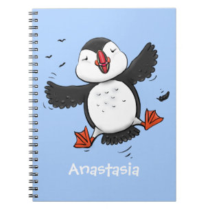 Cute happy flying puffin blue cartoon illustration notebook