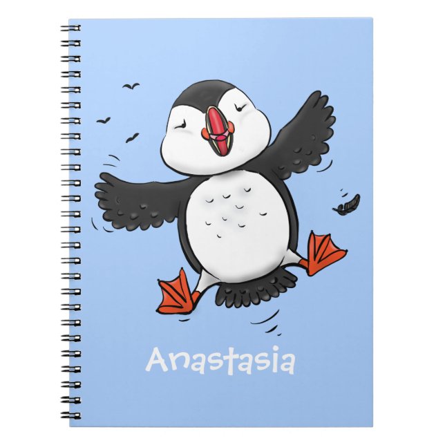 Cute happy flying puffin blue cartoon illustration notebook (Front)
