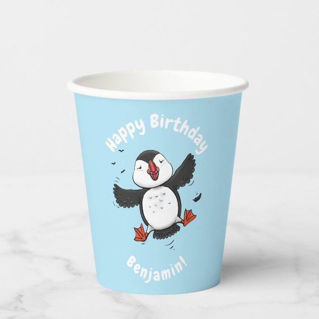 Cute happy flying puffin blue cartoon illustration paper cups (Front)