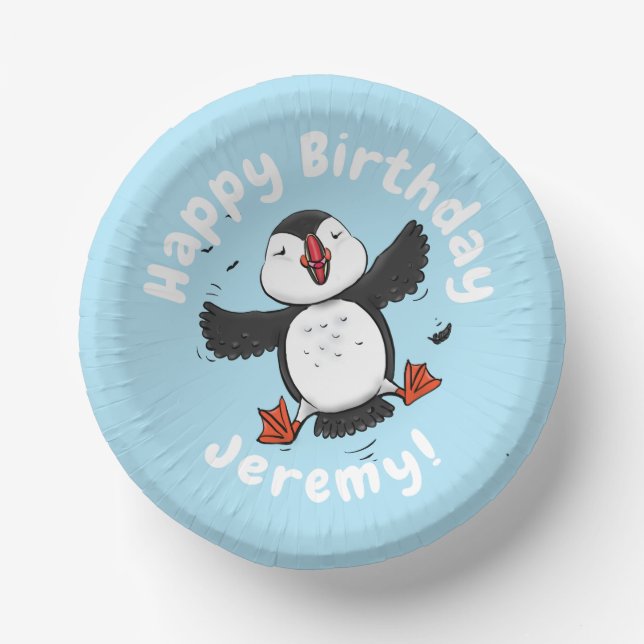 Cute happy flying puffin blue cartoon illustration paper plate (Front)