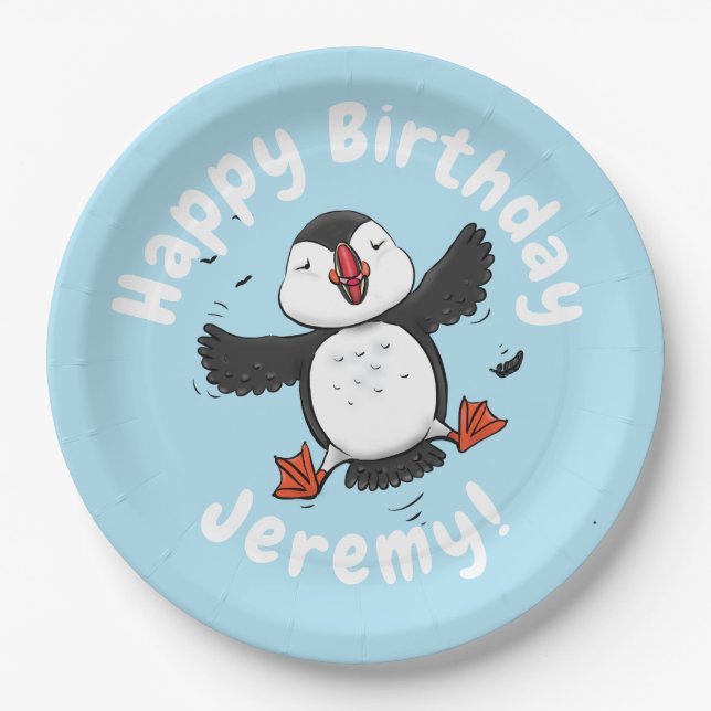 Cute happy flying puffin blue cartoon illustration paper plate (Front)