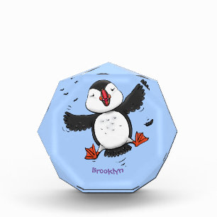 Cute happy flying puffin blue cartoon illustration photo block