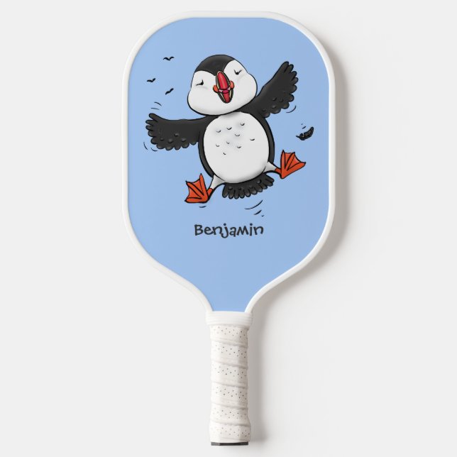Cute happy flying puffin blue cartoon illustration pickleball paddle (Front)