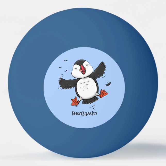 Cute happy flying puffin blue cartoon illustration ping pong ball (Front)