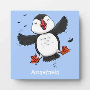 Cute happy flying puffin blue cartoon illustration plaque