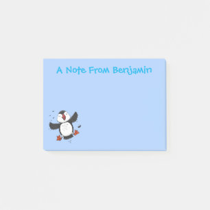 Cute happy flying puffin blue cartoon illustration post-it notes