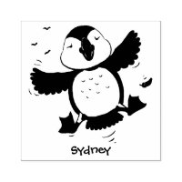 Cute happy flying puffin blue cartoon illustration