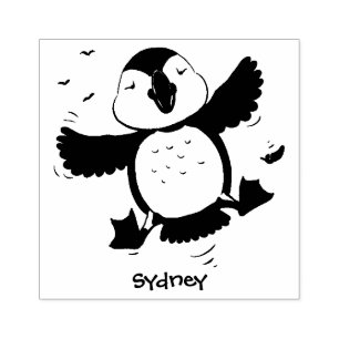 Cute happy flying puffin blue cartoon illustration rubber stamp