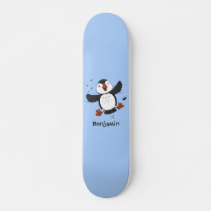 Cute happy flying puffin blue cartoon illustration skateboard