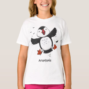 Cute happy flying puffin blue cartoon illustration T-Shirt