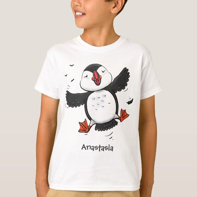 Cute happy flying puffin blue cartoon illustration T-Shirt (Front)