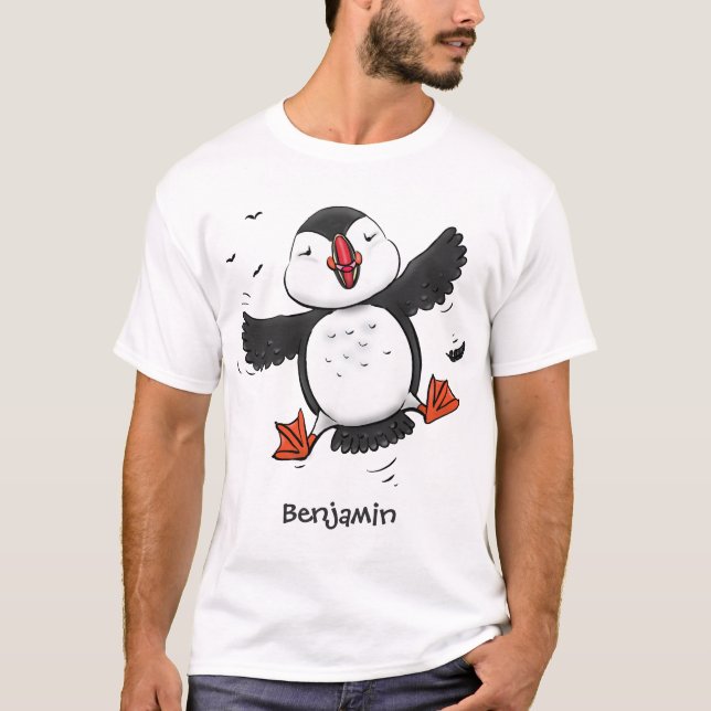 Cute happy flying puffin blue cartoon illustration T-Shirt (Front)