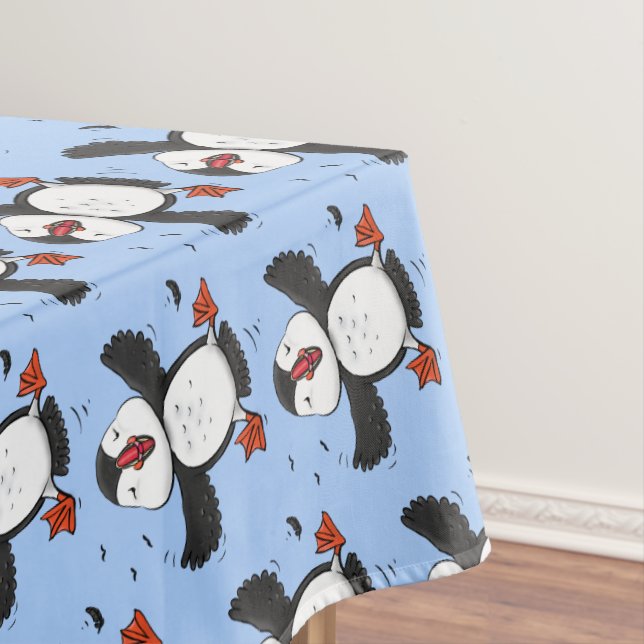Cute happy flying puffin blue cartoon illustration tablecloth (In Situ)