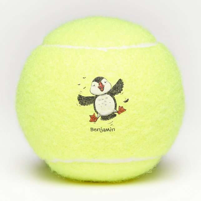 Cute happy flying puffin blue cartoon illustration tennis balls (Front)