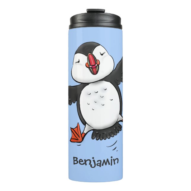 Cute happy flying puffin blue cartoon illustration thermal tumbler (Front)