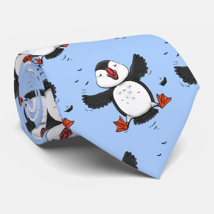 Cute happy flying puffin blue cartoon illustration tie