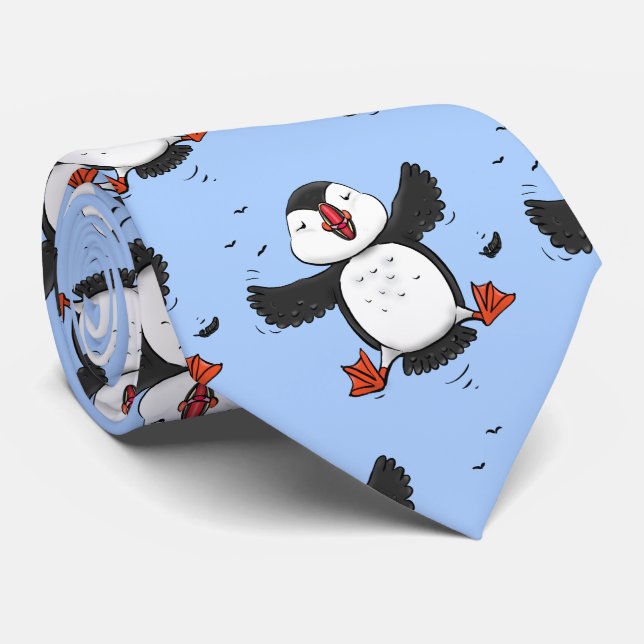 Cute happy flying puffin blue cartoon illustration tie (Rolled)