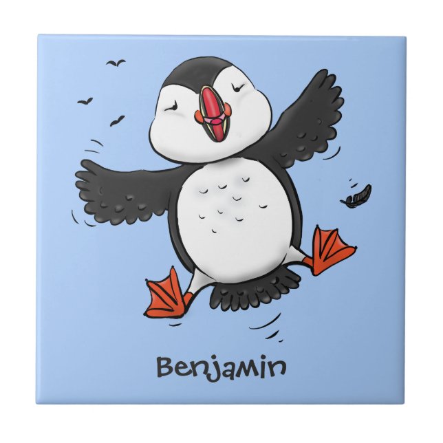 Cute happy flying puffin blue cartoon illustration tile (Front)