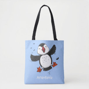 Cute happy flying puffin blue cartoon illustration tote bag