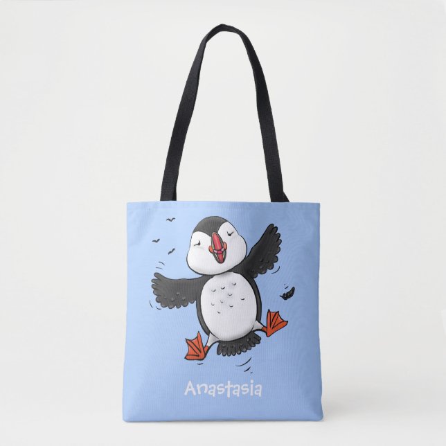 Cute happy flying puffin blue cartoon illustration tote bag (Front)