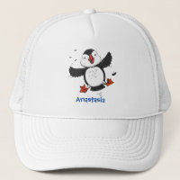 Cute happy flying puffin blue cartoon illustration