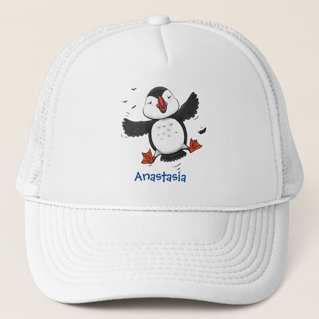 Cute happy flying puffin blue cartoon illustration trucker hat (Front)