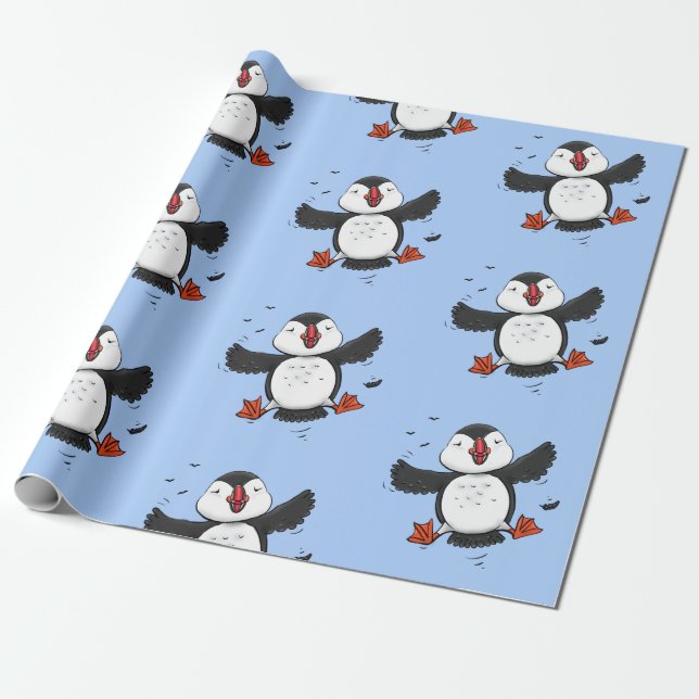 Cute happy flying puffin blue cartoon illustration wrapping paper (Unrolled)
