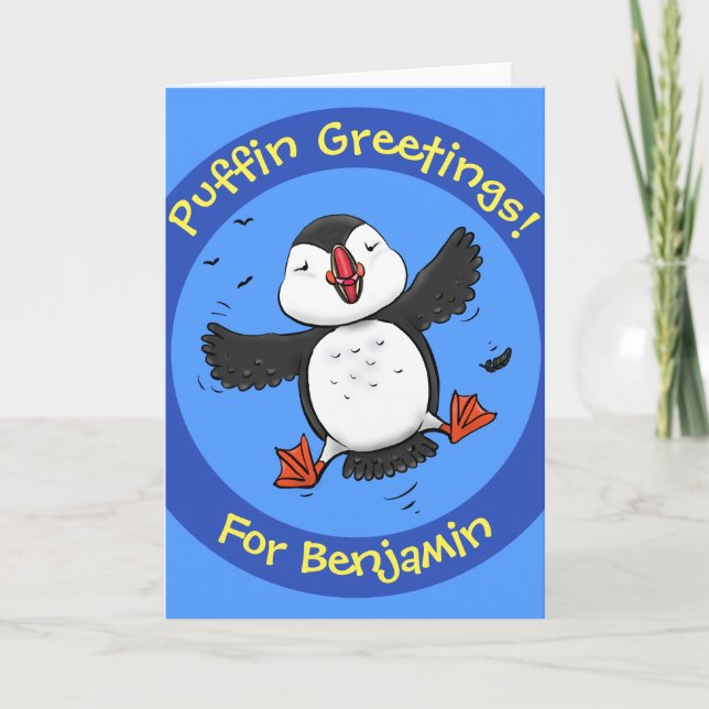 Cute happy flying puffin cartoon illustration card (Front)