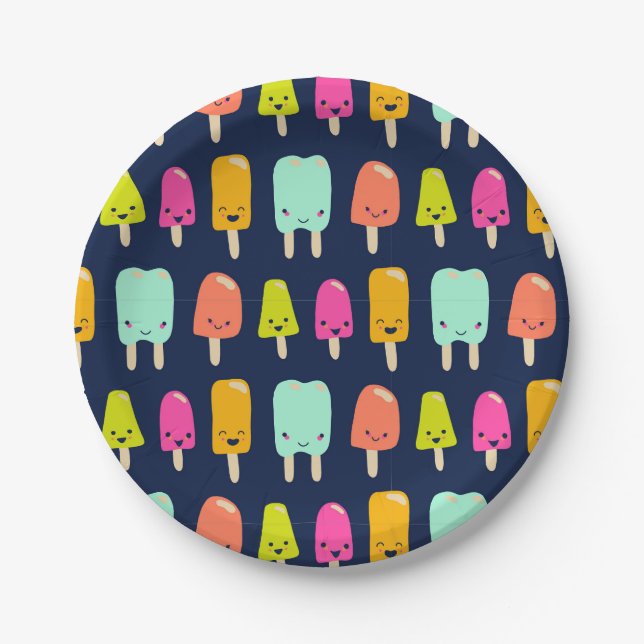 Cute Happy Fruit Popsicle Kawaii Faces Paper Plate (Front)