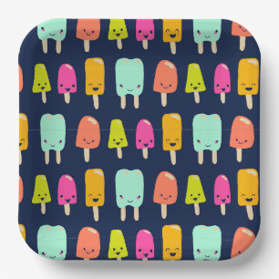 Cute Happy Fruit Popsicle Kawaii Faces Paper Plate