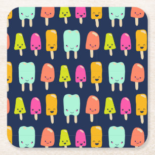 Cute Happy Fruit Popsicle Kawaii Faces Paper Plate Square Paper Coaster