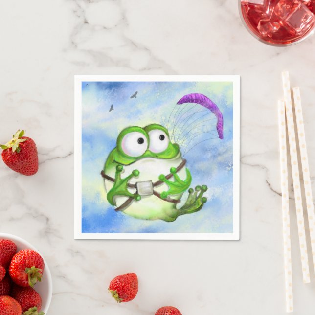Cute Happy Funny Frog Paraglider - Cartoon Drawing Napkin (Insitu)