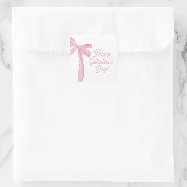 Cute Happy Galentine's day Pink Ribbons Bows Square Sticker (Bag)