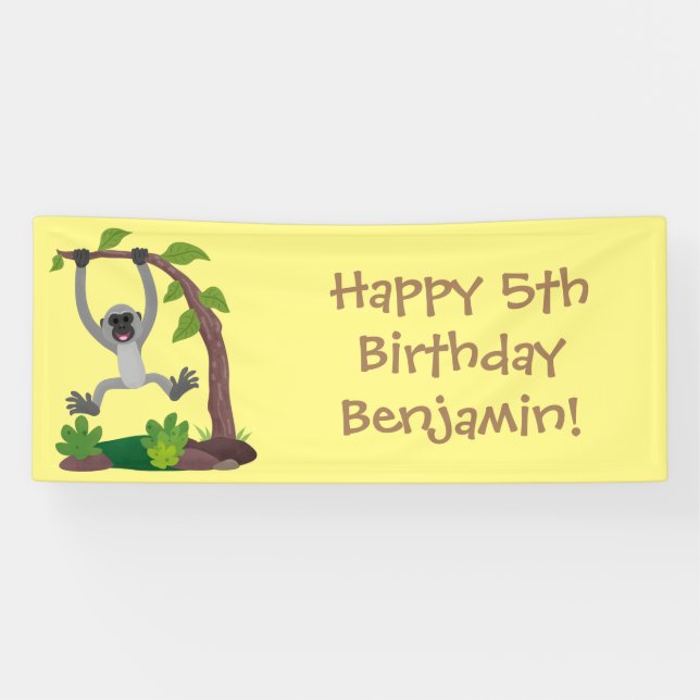 Cute happy gibbon ape cartoon illustration banner (Horizontal)