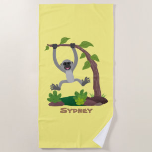 Cute happy gibbon ape cartoon illustration beach towel