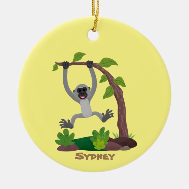 Cute happy gibbon ape cartoon illustration ceramic tree decoration (Front)