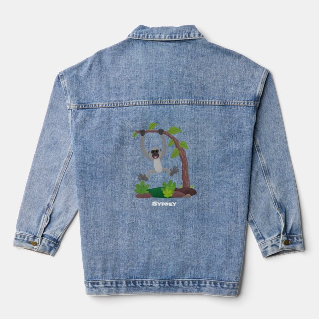 Cute happy gibbon ape cartoon illustration denim jacket (Back)