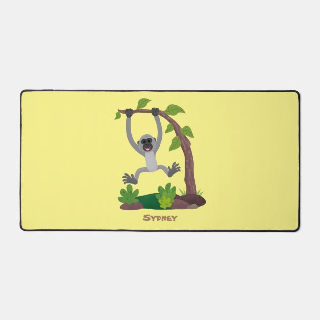 Cute happy gibbon ape cartoon illustration desk mat (Front)