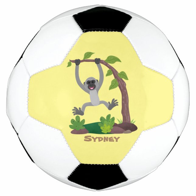 Cute happy gibbon ape cartoon illustration football (Front)