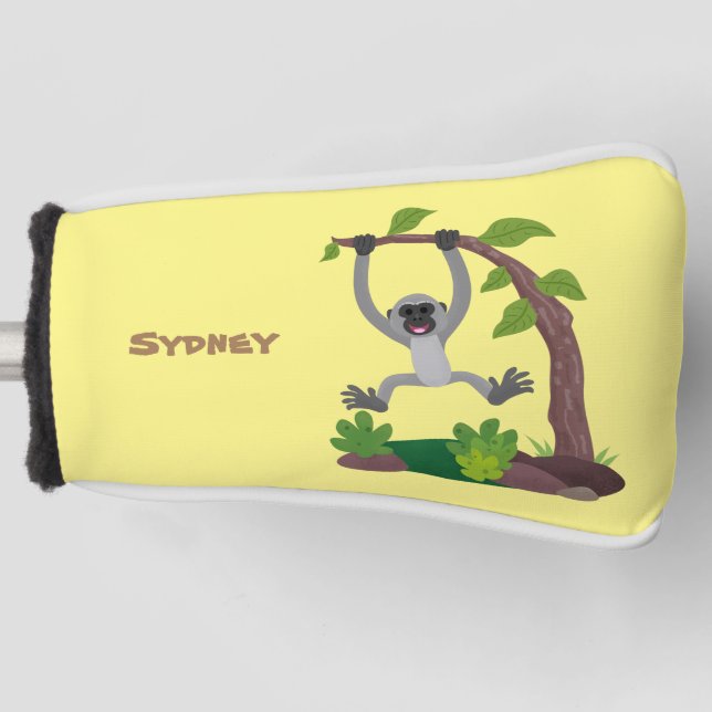 Cute happy gibbon ape cartoon illustration golf head cover (Front)