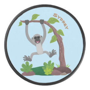 Cute happy gibbon ape cartoon illustration hockey puck