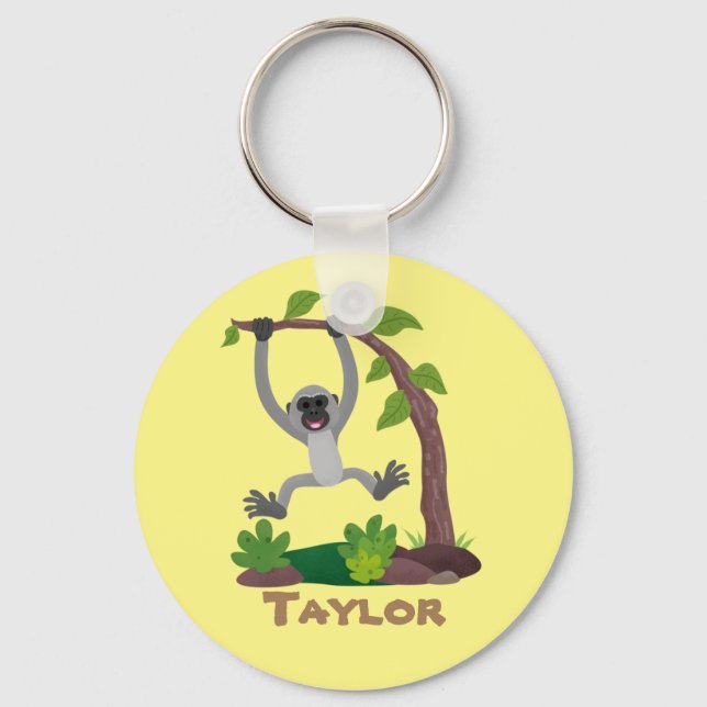 Cute happy gibbon ape cartoon illustration key ring (Front)