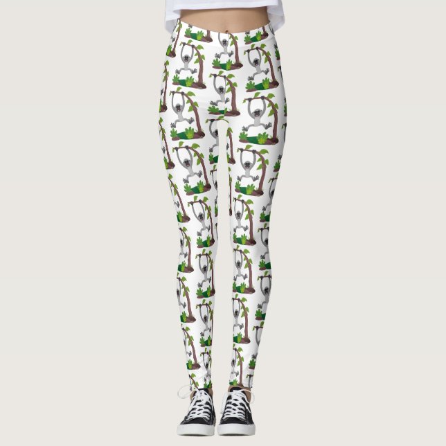 Cute happy gibbon ape cartoon illustration leggings (Front)