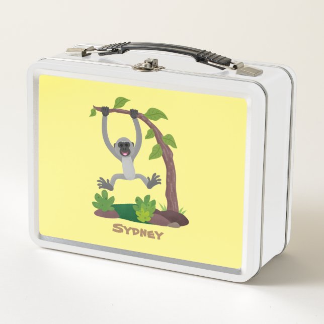 Cute happy gibbon ape cartoon illustration metal lunch box (Front)