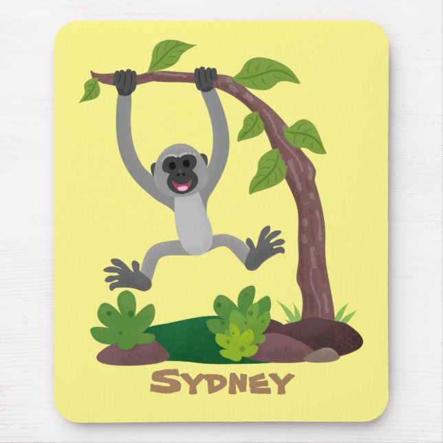 Cute happy gibbon ape cartoon illustration mouse mat (Front)