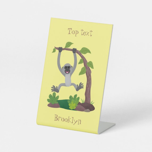 Cute happy gibbon ape cartoon illustration pedestal sign (Front)