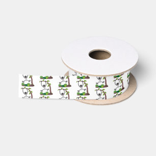 Cute happy gibbon ape cartoon illustration satin ribbon